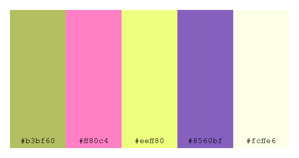 ColPaletteBot's tweet photo. Beep beep, here's a pretty color palette for you!
color-scheme.js parameters used:
- hue: 130
- variation: light
- colors: #b3bf60, #ff80c4, #eeff80, #8560bf, #fcffe6
Have a lovely day!
#twitterbot #colorpalette #colors #palette #prettycolors https://t.co/0McloWZJRw