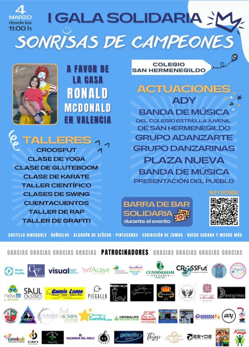 ℹ️ Esta tarde estaremos aproximadamente sobre las 18:00 h. en el Colegio "San Hermenegildo" de #Doshermanas poniendo nuestro granito de arena, para colaborar con La Casa “Ronald MC’Donald" en #valencia 
⬇️⬇️ más información y venta de entradas participa.fundacionronald.org/sonrisasdecamp…