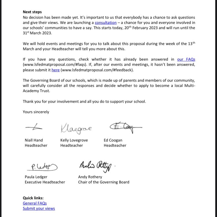 LewishamNeu's tweet photo. School children @LSFederation have been asked to fill in Multi Academy Trust consultation as part of their homework with this letter &amp; only pro academy argument from assembly time. @GillianKeegan is this the best use of learning time? @cyclingkev @MaryBoustedNEU @warwickmansell https://t.co/78TuiR5SiX