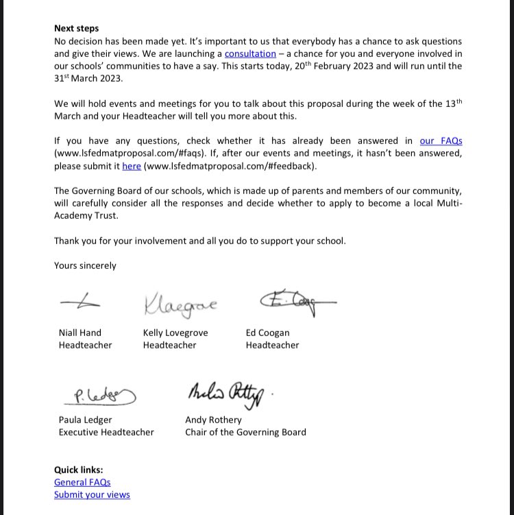 School children @LSFederation have been asked to fill in Multi Academy Trust consultation as part of their homework with this letter & only pro academy argument from assembly time. @GillianKeegan is this the best use of learning time? @cyclingkev @MaryBoustedNEU @warwickmansell