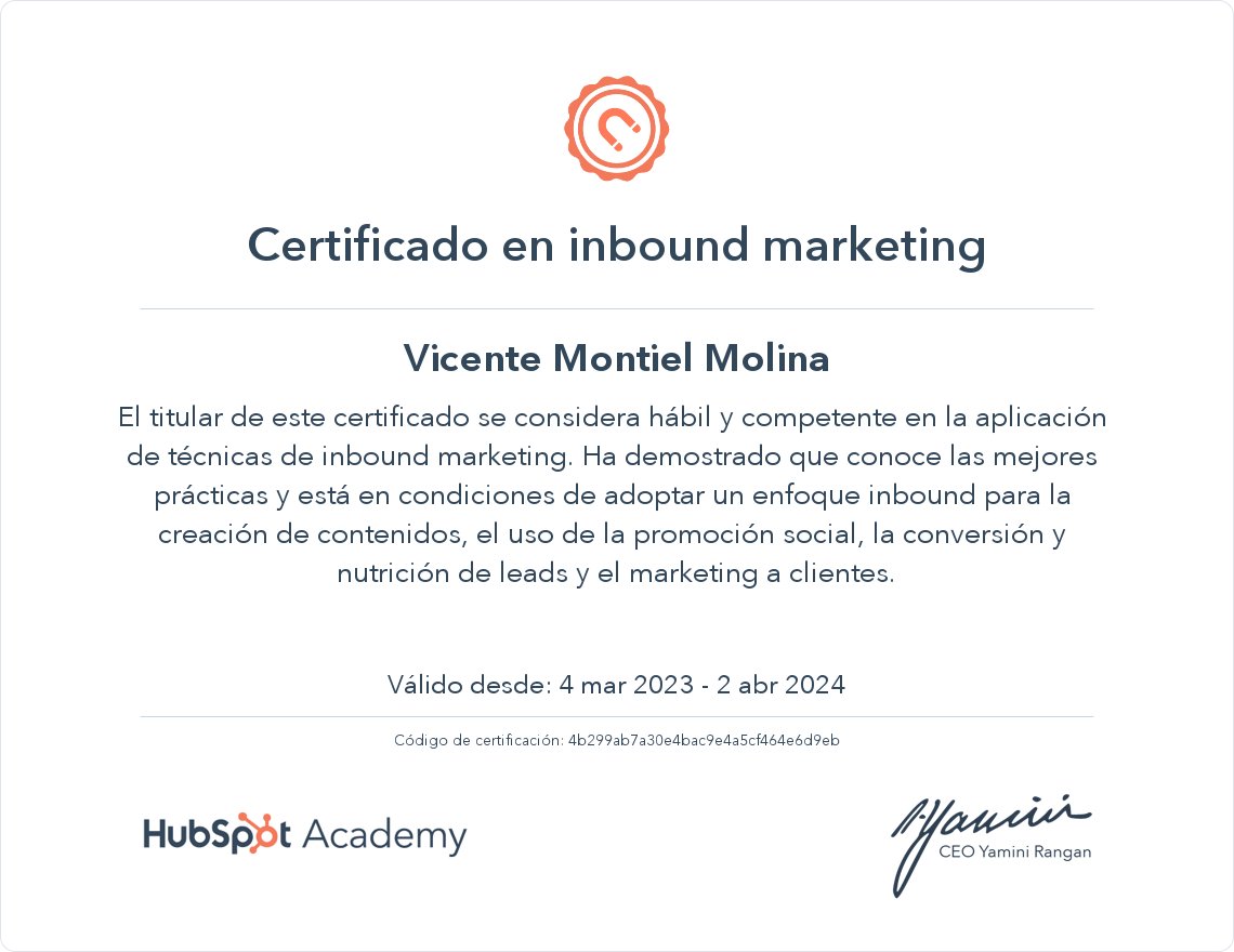 Vicente Montiel (@montielvicente) on Twitter photo Certificado actualizado 😃
<a href="/HubSpot/">HubSpot</a> <a href="/HubSpotEspanol/">HubSpot Español</a> <a href="/HubSpotAcademy/">HubSpot Academy</a> #InboundMarketing
app-eu1.hubspot.com/academy/achiev… Certificado actualizado 😃
<a href="/HubSpot/">HubSpot</a> <a href="/HubSpotEspanol/">HubSpot Español</a> <a href="/HubSpotAcademy/">HubSpot Academy</a> #InboundMarketing
app-eu1.hubspot.com/academy/achiev…