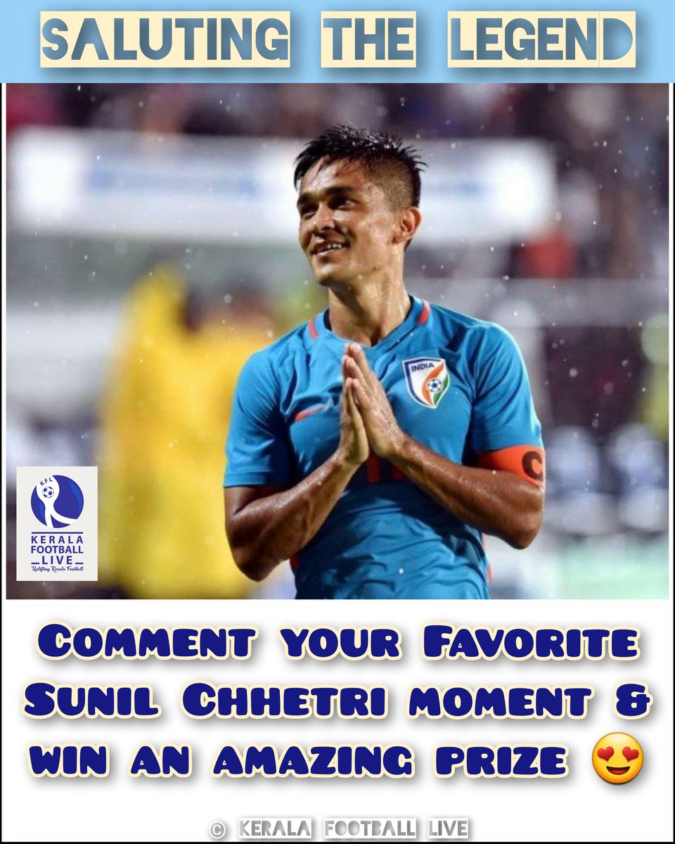 KFLcommunity's tweet photo. Saluting the Legend 🫡

⚽️ Comment your favorite Sunil Chhetri moment from throughout his career and win an Amazing gift from KFL

🚨 Follow KFL
🚨 Retweet
🚨 Mention your 2 of your friends in comment.

Last date: 6th March 6:00pm IST

@WestBlockBlues @bengalurufc @chetrisunil11 https://t.co/1Il8stYhPk