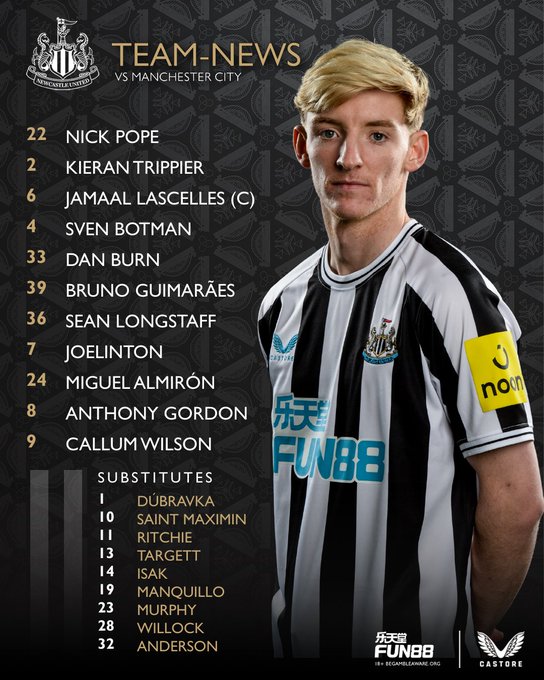 Newcastle United v Manchester City:

Pope, Trippier, Lascelles (C), Botman, Burn, Bruno G., Longstaff, Joelinton, Almirón, Gordon, Wilson.

Subs: Dúbravka, Saint-Maximin, Ritchie, Targett, Isak, Manquillo, Murphy, Willock, Anderson