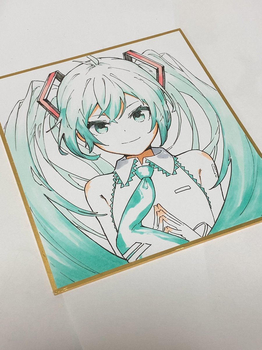 hatsune miku 1girl solo twintails necktie traditional media smile long hair  illustration images