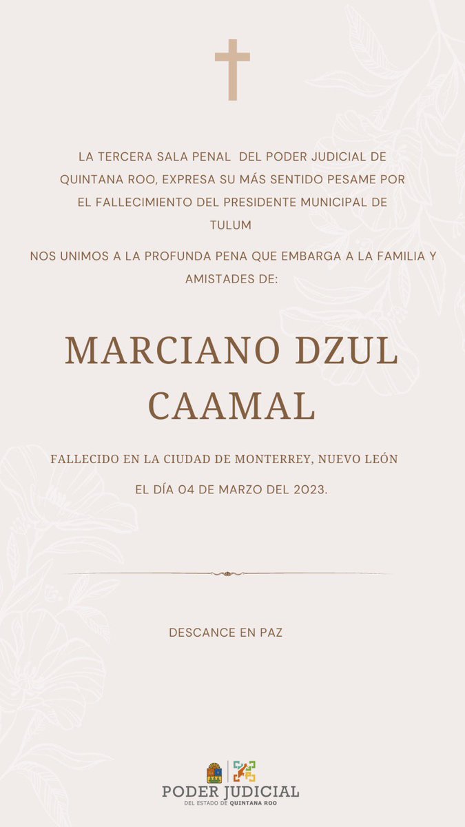 TribunalDig's tweet image. La Tercera Sala Penal de Poder Judicial de Quintana Roo expresa su más sentido pésame por el fallecimiento Marciano Dzul Caamal . Nos unimos a la profunda pena que embarga hoy a su esposa e hijos, así como a sus familiares, amigos y compañeros en este difícil momento.