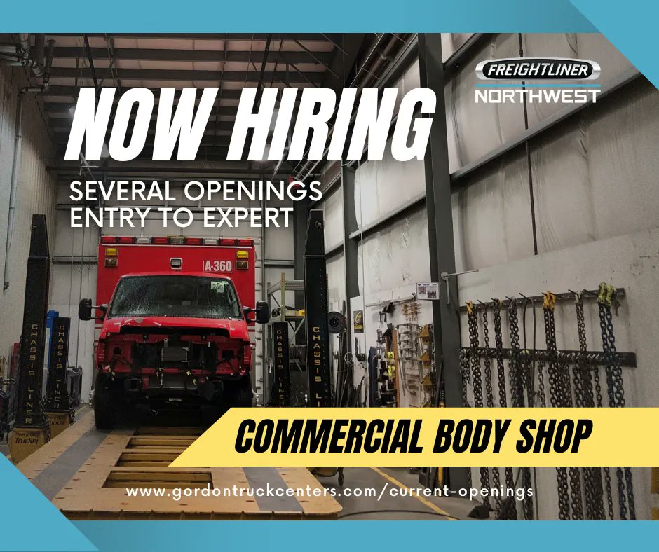 FreightlinerNW's tweet photo. Our commercial body shops are #nowhiring in Pacific, Ridgefield &amp; Spokane, WA - Visit our career page for more information - https://t.co/g7HLIQ69GZ  
#CollisionCenter #BodyShop #Technicians #FreightlinerNorthwest #AllRoadsLeadtoUs https://t.co/2r1oxexNY5
