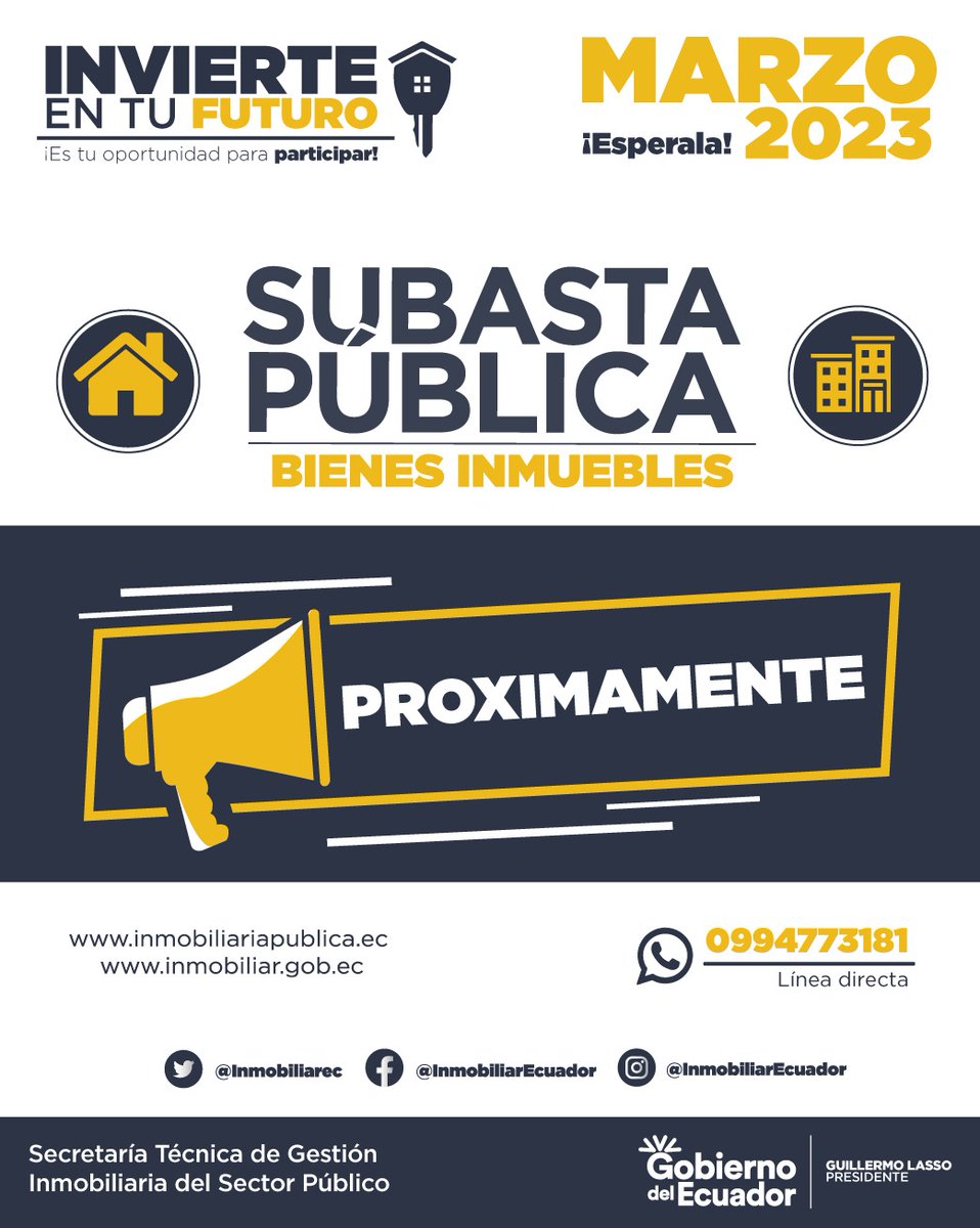 inmobiliarec's tweet photo. ¡Recuerda que este mes #Inmobiliar tendrá un nuevo proceso!

Participa en la #SubastaPública2023 de Bienes Inmuebles de marzo, donde ofertaremos departamentos, lotes, parqueaderos y más. 🏡🏢

Comunícate a nuestra línea directa de #WhatsApp. 👇

📲 https://t.co/Sp35CDBI4s https://t.co/mcCTtCuAJq