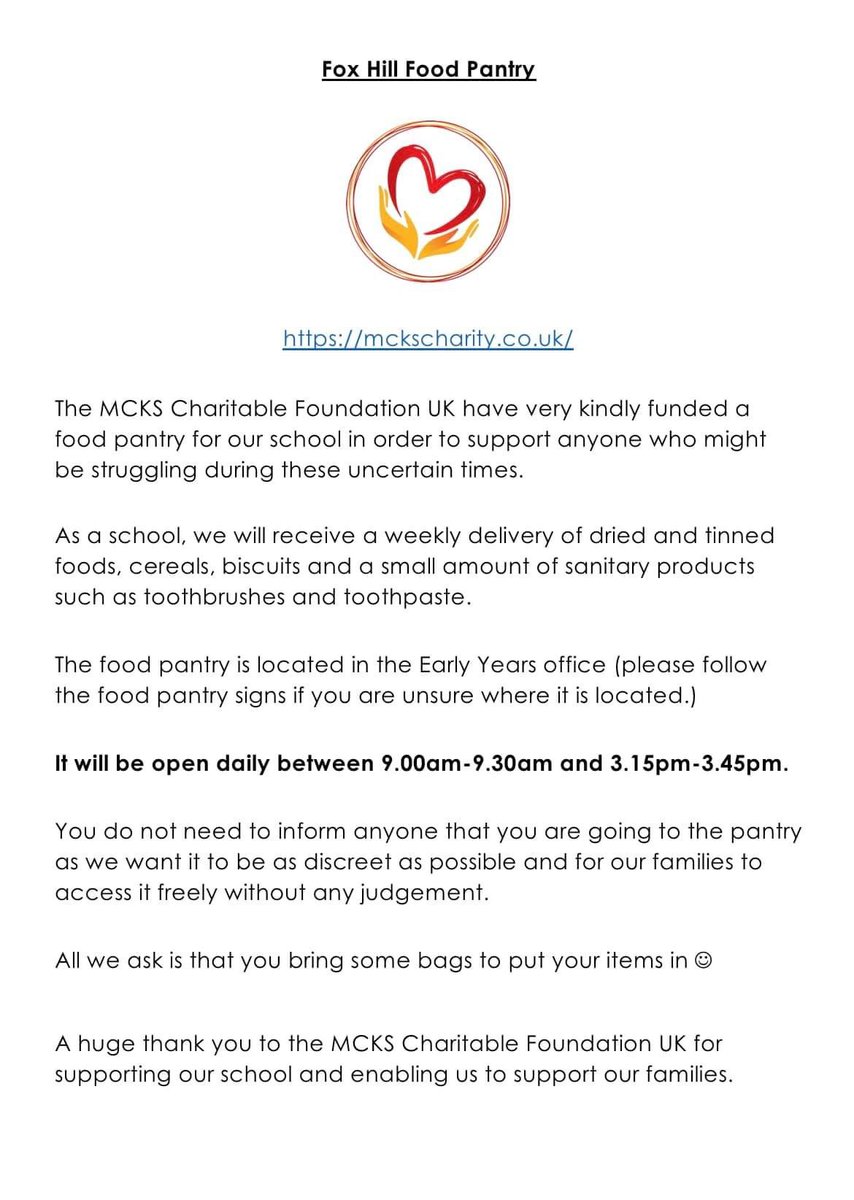 FoxHill_Primary's tweet image. We are incredibly fortunate to have a food pantry set up within school, funded by MCKS Charitable Foundation UK. Please see the information included below and a photo of our wonderful pantry which we hope will support our Fox Hill families 🦊🫶🏻 #foxhillfamily #foxhillkindness