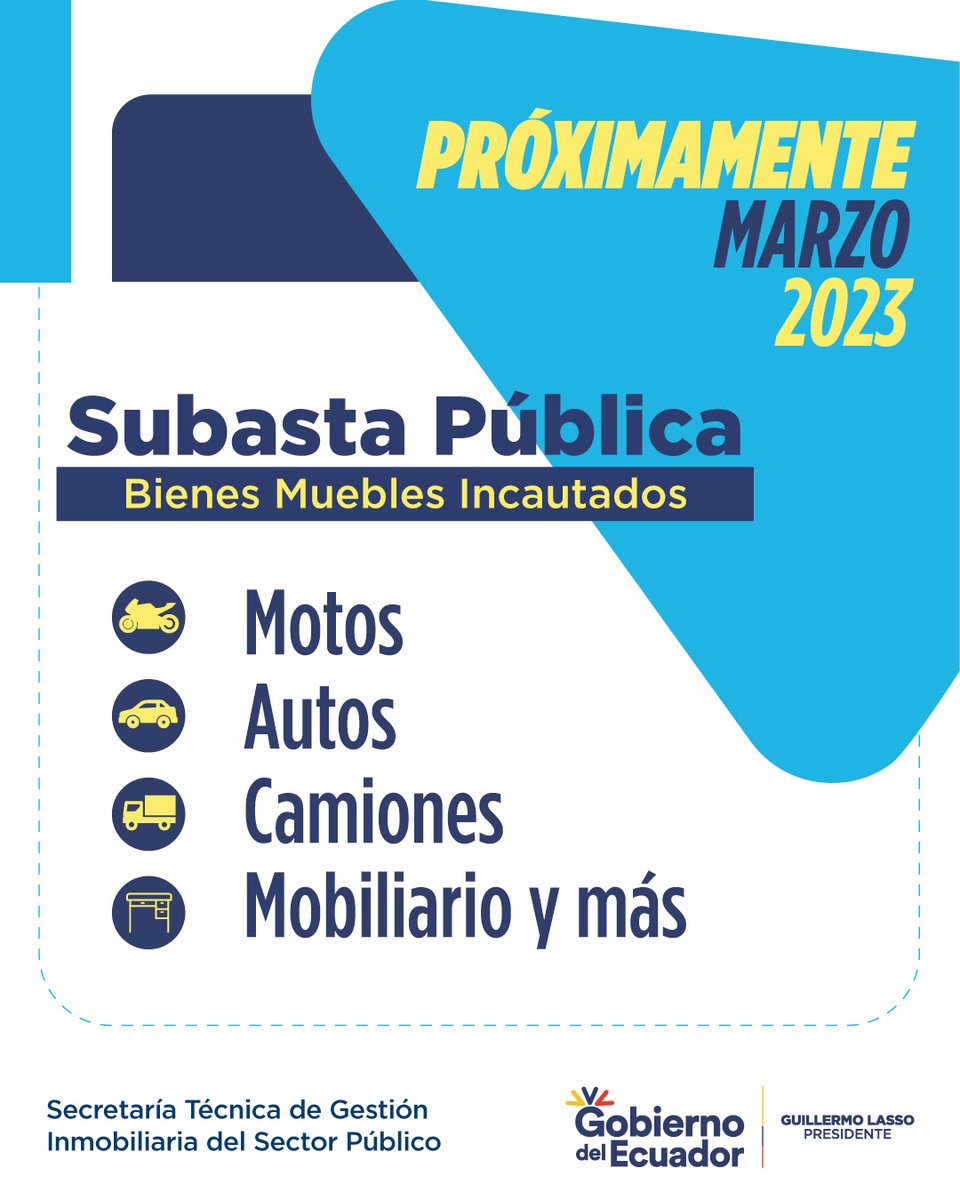 inmobiliarec's tweet photo. ¡En #Inmobiliar ofertamos motos, autos, camiones, mobiliario y más!

Participa en la #SubastaPública2023 de Bienes Muebles Incautados del mes de marzo. 🚗🚛🛋️

Solicita más información en nuestra línea de #WhatsApp 📲 https://t.co/hJmqoi29fu https://t.co/R68MwgZh1i