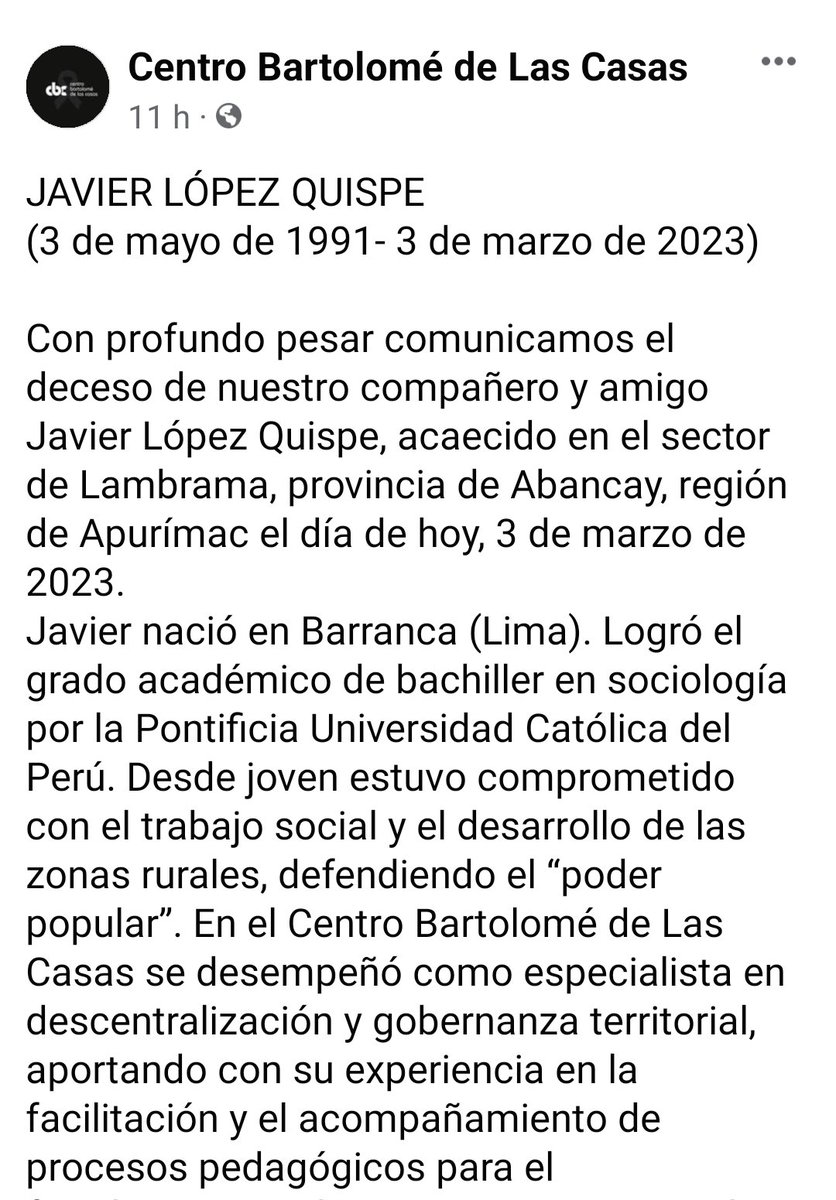 PoderPopularPE's tweet image. Nuestras más sentidas condolencias para  la familia del sociólogo Javier López Quispe, gran luchador quien siempre defendió e impulsó el &quot;Poder Popular&quot;. ✊🏽

Así mismo, a las familias del Prof. Daniel  Saavedra, Prof. Dimas Calle, Jac Anampa y Richard Sure (chofer).