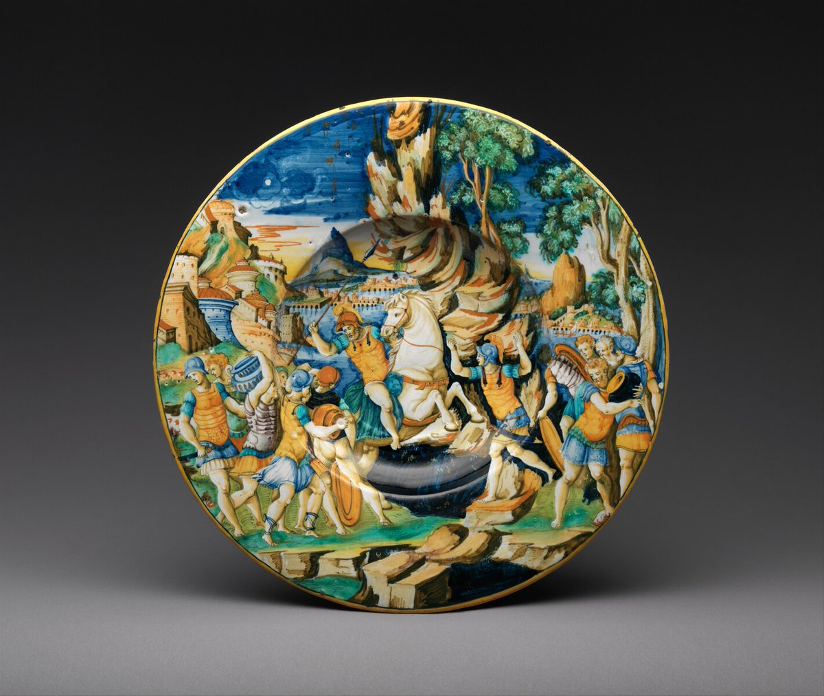 Guido de Merlino, Dish with The Heroism of Marcus Curtius, 1542 #europeanart #guidodemerlino metmuseum.org/art/collection…