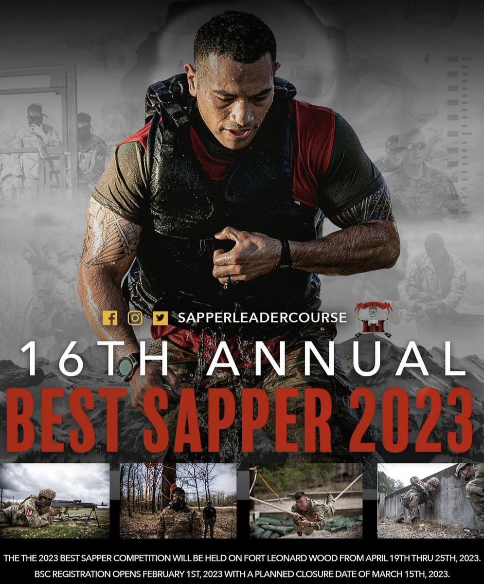 ‼SAPPERS‼ Only 11 days left to register for this years competition! Registration closes on March 15th. The 2023 Best Sapper Competition will be held from April 19th-25th. @Sapper_Assoc @1stENBDE @fortleonardwood @USAEnReg @TRADOC @USArmy