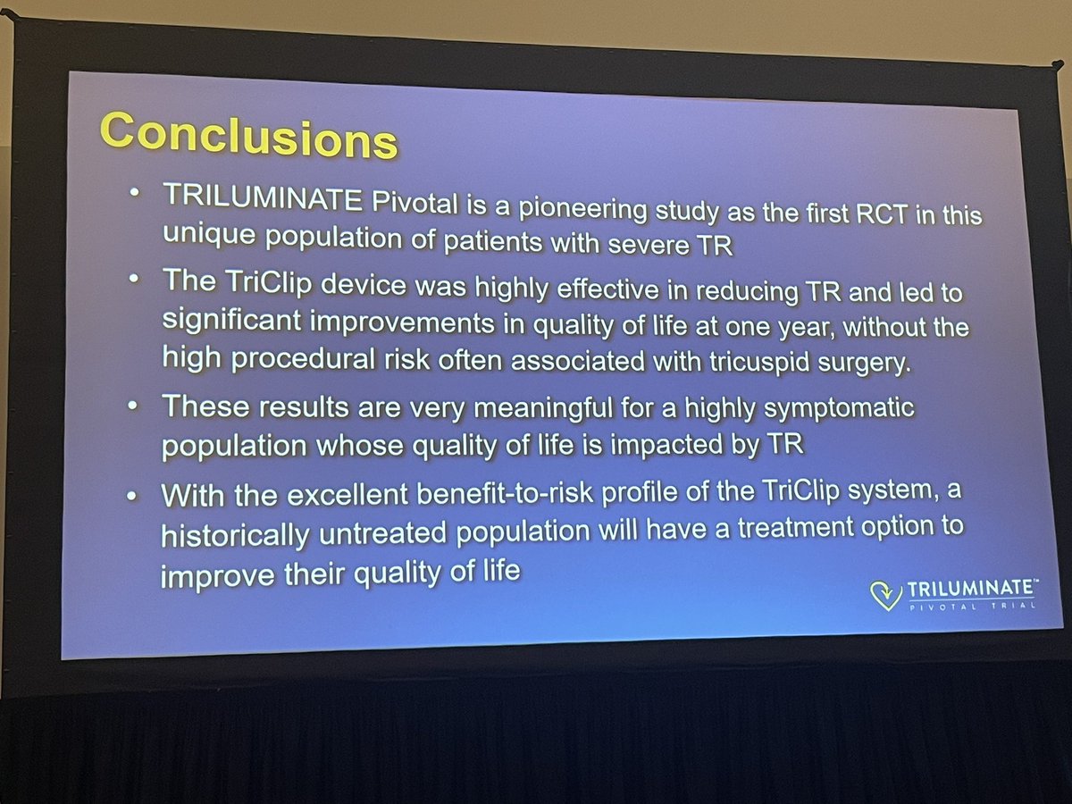 #ACC23 @NEJM @JGrapsa @DrMarthaGulati @RaniKHasan @RezaEmaminia @_WayneBatchelor @ACCinTouch #WCCardio @sumonroy_md @HosseinAalaei @hopkinsheart @ACCMaryland @baileyannRN 
Triluminate Pivotal Trial : the TriClip device was highly effective in reducing TR and led to significant…