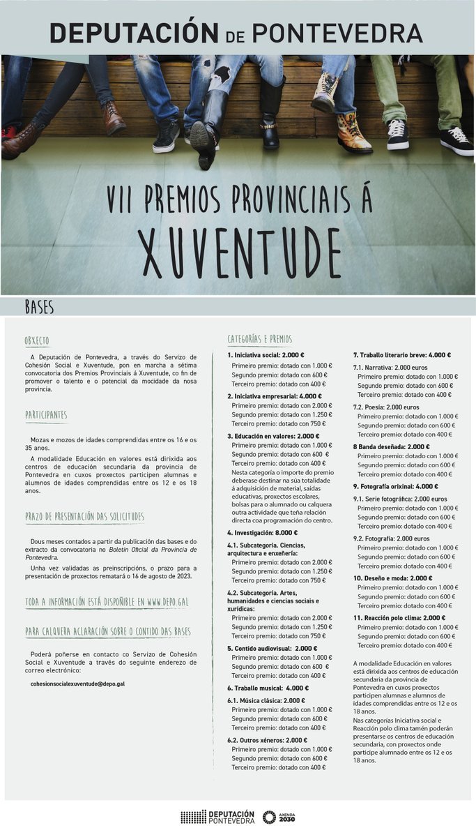 Poñemos en marcha a sétima edición dos #PremiosProvinciaisXuventude!!

Esta semana publicáronse as bases no #BOPPO e agora as persoas interesadas teñen dous meses para presentar solicitudes

👉 boppo.depo.gal/web/boppo/deta…