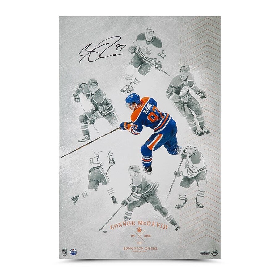 Connor McDavid Autographed "On the Rise" 16 x 24 - Upper Deck On October 5th, 2016, McDavid his inked his signature in black paint pen. McDavid's signature was witnessed under UDA's Five Step Authentication Process.

sportsmemorabilia.evyy.net/c/1360066/8407…