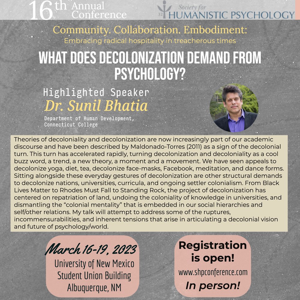 DrPsychProf's tweet photo. It is with great joy that I am looking forward to giving this talk and being in conversation with colleagues at the Society for Humanistic Psychology Conference at University of New Mexico @HumanisticPsych. https://t.co/QzUEaenMtG