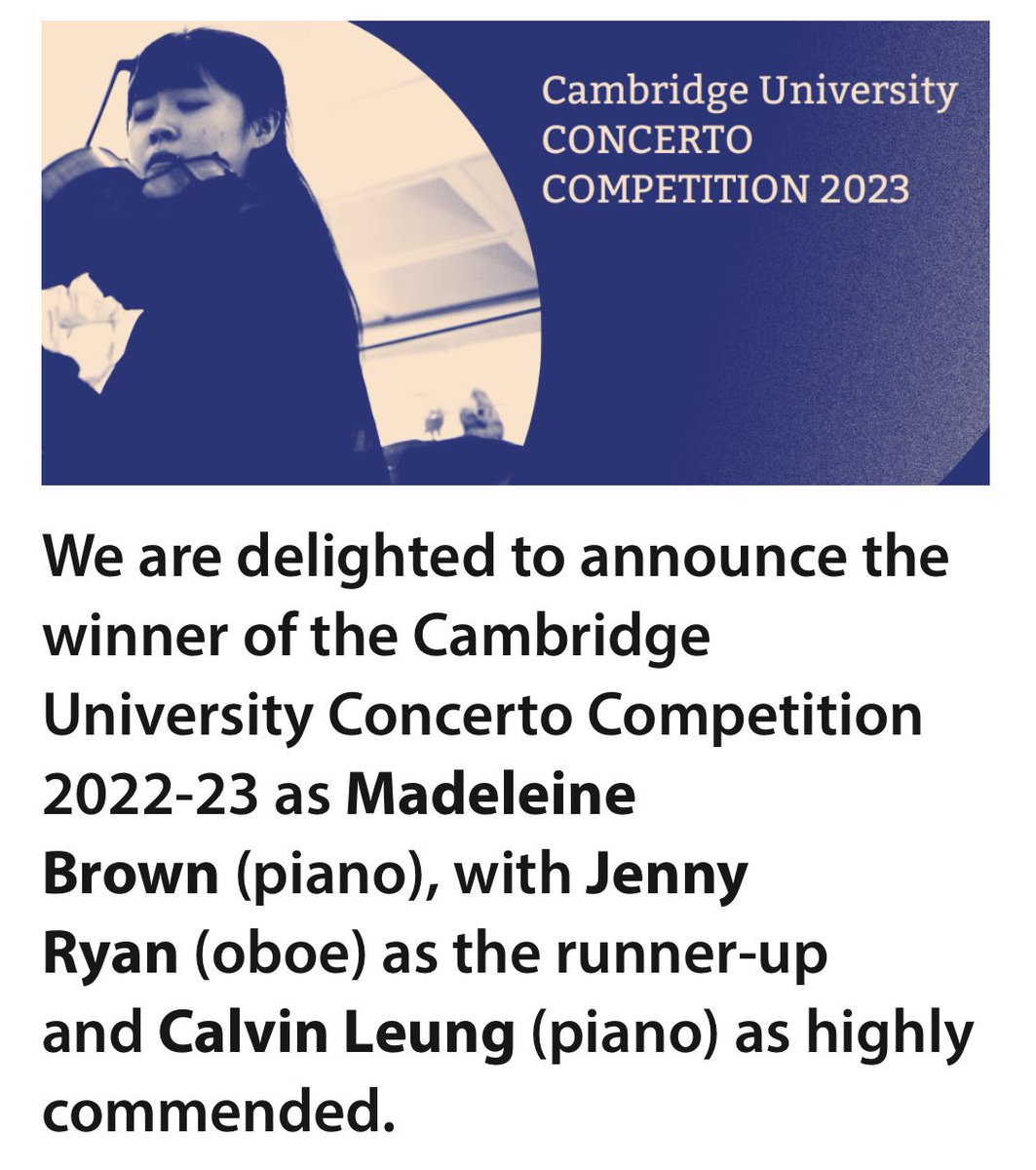 Over the moon to be announced as 1st prize winner the Cambridge University Concerto Competition! Huge thanks to <a href="/CamUniCMP/">Cambridge University Centre for Music Performance</a> for the opportunity! 🎹💃🏻 <a href="/TrinCollCam/">Trinity College</a> <a href="/CamUniMusic/">Cambridge Uni Music</a>