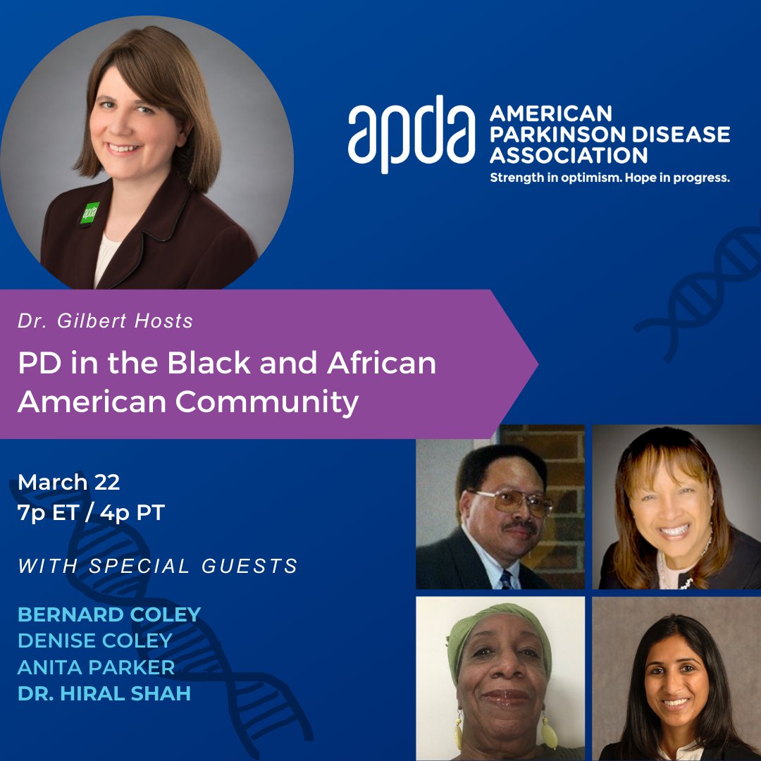 Later this month we'll be talking to the <a href="/PDMovers/">PD Movers</a> on Dr. Gilbert Hosts. The PD Movers have developed an educational guide designed specifically for the Black and African American community. 

Learn with us by registering now at apda.link/PDintheBlackCo… 

#Parkinsons