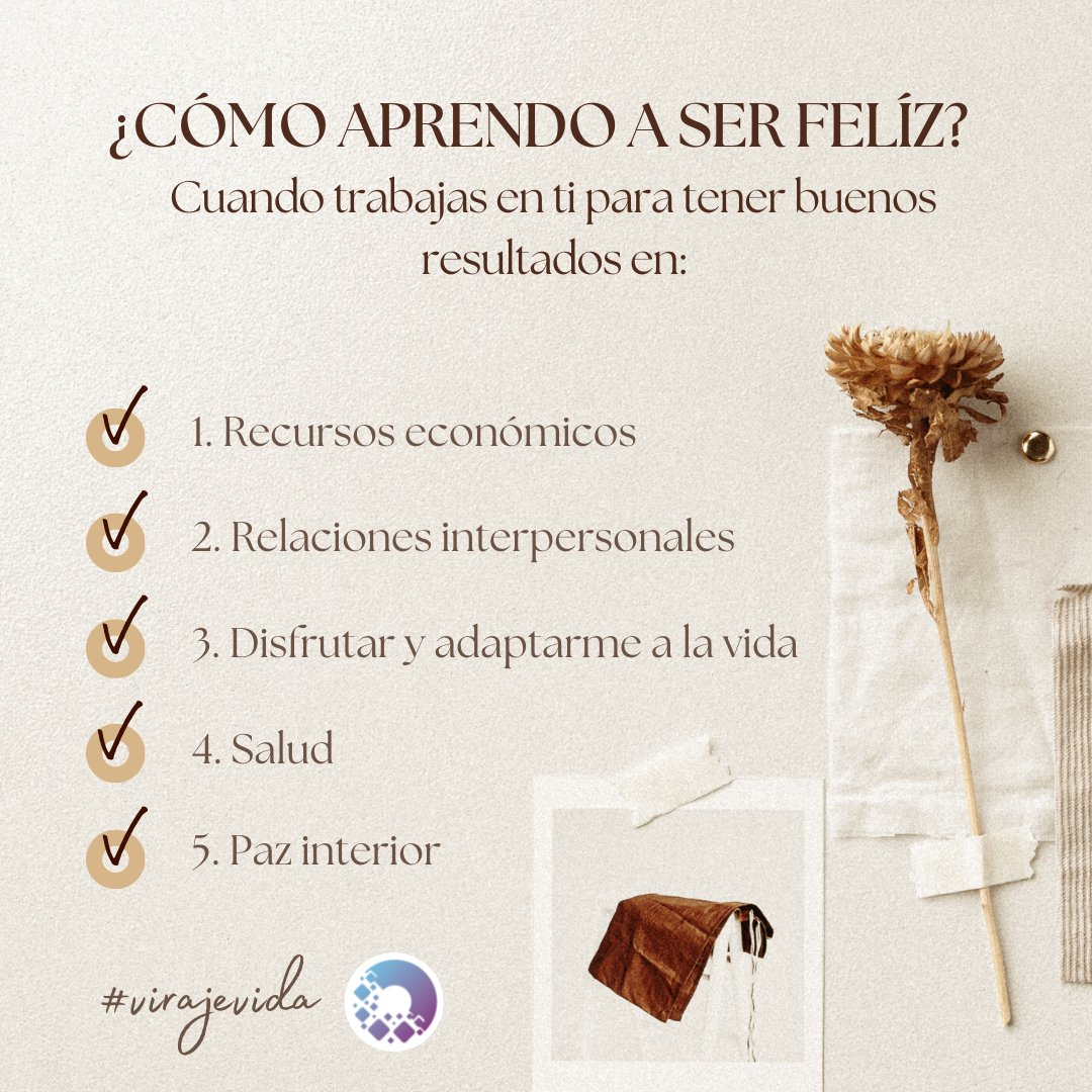 virajevida's tweet photo. ¿Cómo aprendo a ser feliz?
Cuando trabajas en ti para tener buenos resultados en:
1. Recursos económicos
2. Relaciones interpersonales
3. Disfrutar y adaptarme a la vida
4. Salud
5. Paz interior #virajevida https://t.co/aKVPw3mSf8