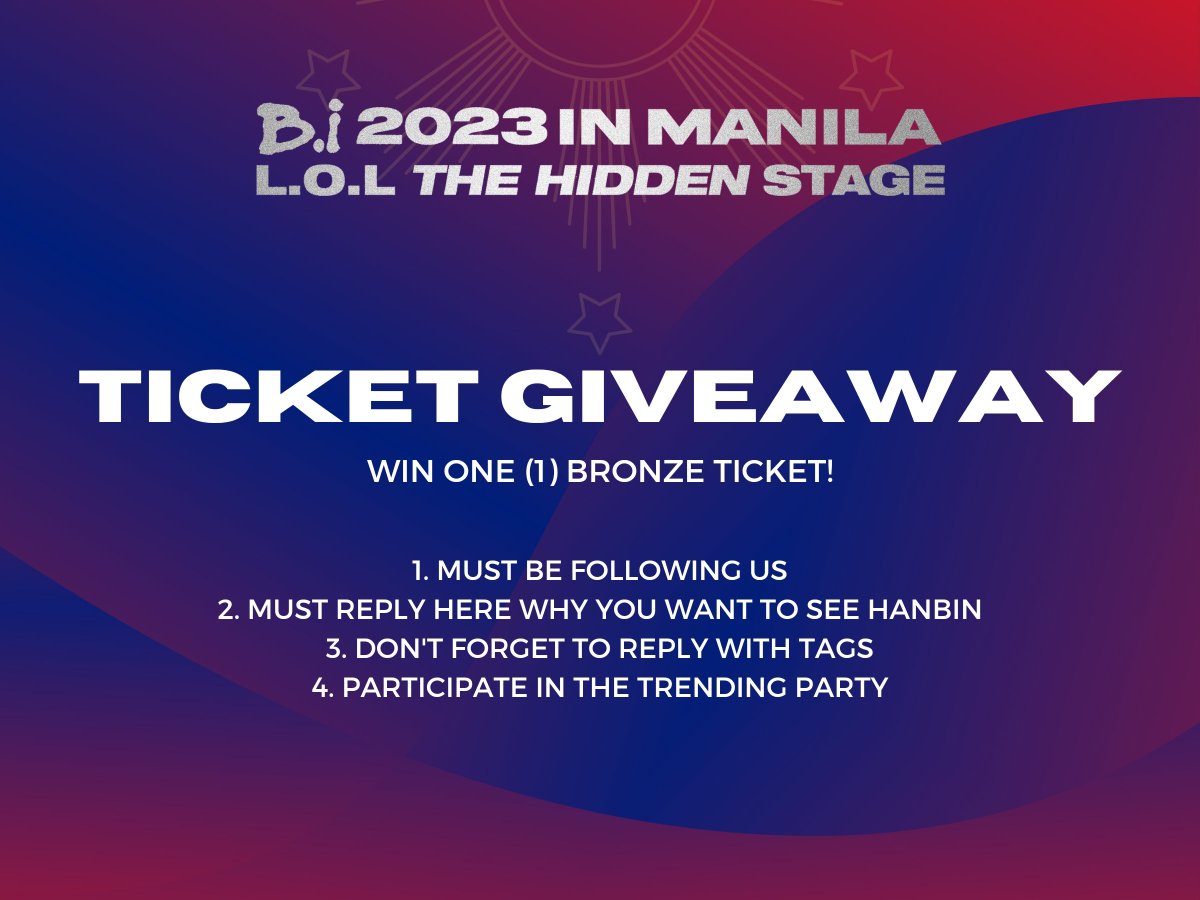 CharismaBIph's tweet photo. B.I 2023 IN MANILA
L.O.L THE HIDDEN STAGE
TRENDING PARTY

GIVEAWAY ALERT 🚨

Get a chance to meet Hanbin later today! 💓 Follow the mechanics &amp; actively participate in the trending party.

Let's gooooo!

WELCOME BACK TO MANILA HANBIN
#TheHiddenStageMNLReveal 
#BI #비아이 https://t.co/WrDtGvEL3a