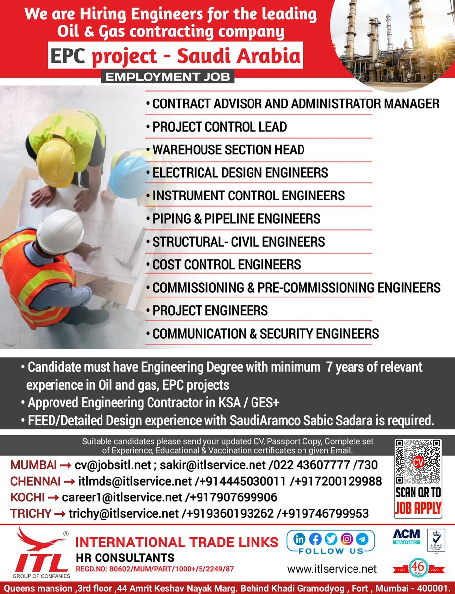 JOB VACANCY FOR #saudiarabia

CLICK ON LINK TO APPLY JOB > bit.ly/3GxjQNp

Learn more :
itlservice.net

#engineer #epcprojects #construction #engineerjobs #aramco #manpowerservices #manpowersupply #explore #goldenopportunity  #heavydriver #driverjobs #itl #trade