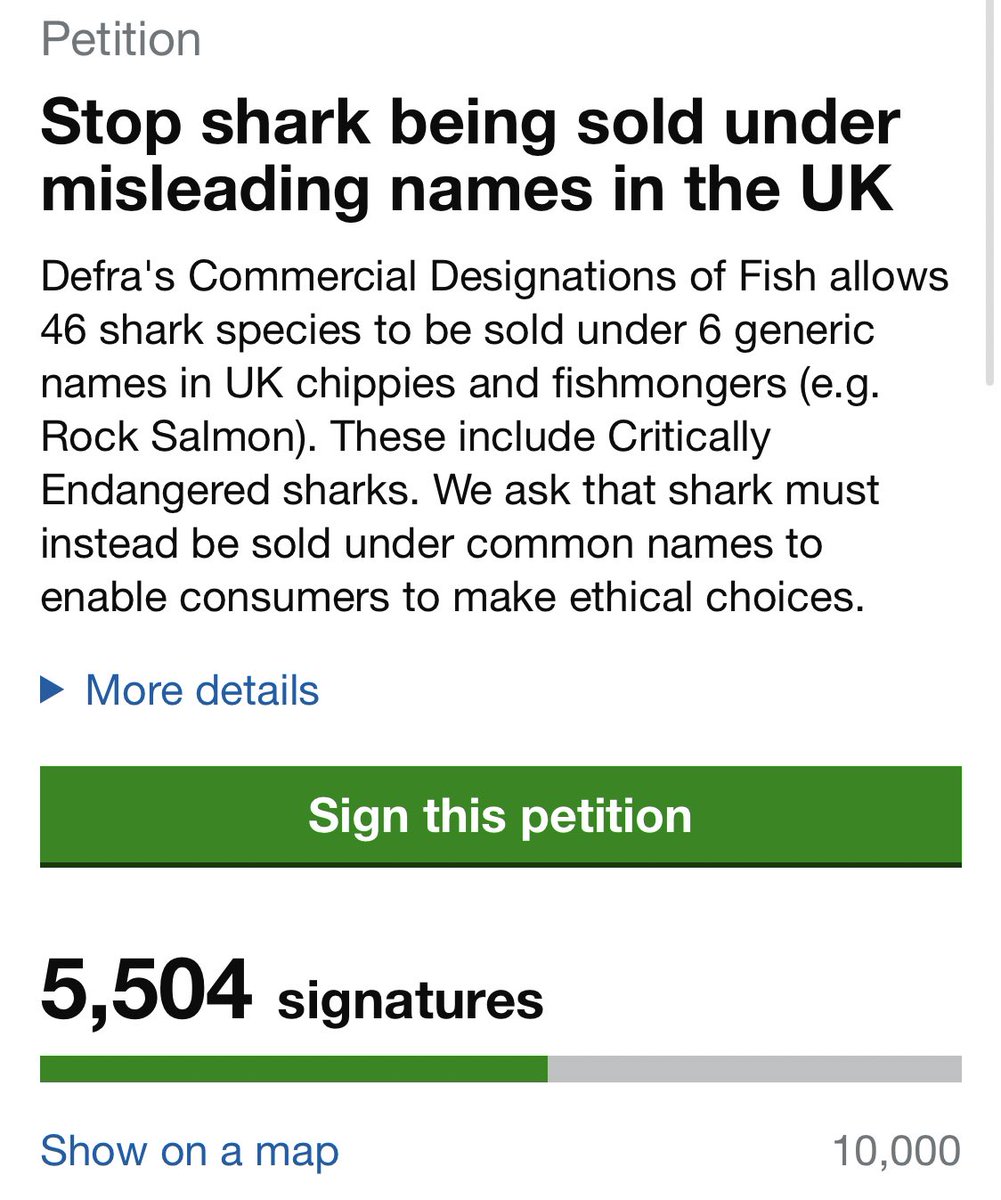 Please help! 46 species of shark can be sold using misleading names like ‘Rock Salmon’ and ‘Flake’. It’s outrageous. We’ve got until midnight tonight to get another 4,500 signatures on this petition from @mattbrierley - please add your name and share! 👉🏻 petition.parliament.uk/petitions/6213…