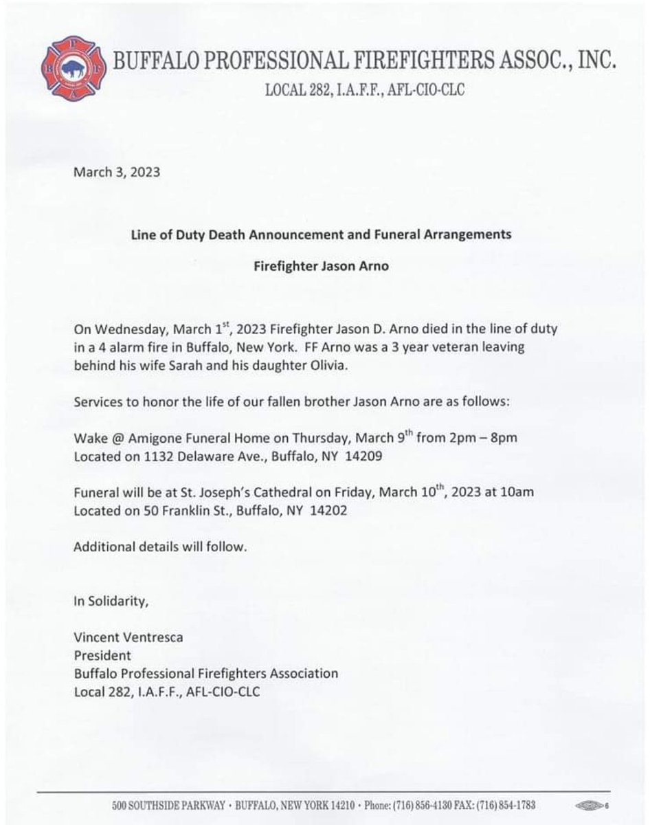The wake and funeral services for fallen Buffalo Firefighter Jason Arno have been announced by <a href="/BfloFire282/">Buffalo Professional Firefighters</a>. Firefighter Arno's wake will be held on Thurs., March 9 at the Amigone Funeral Home. His funeral will be held on Fri., March 10 at St. Joseph's Cathedral in Buffalo. 1/2