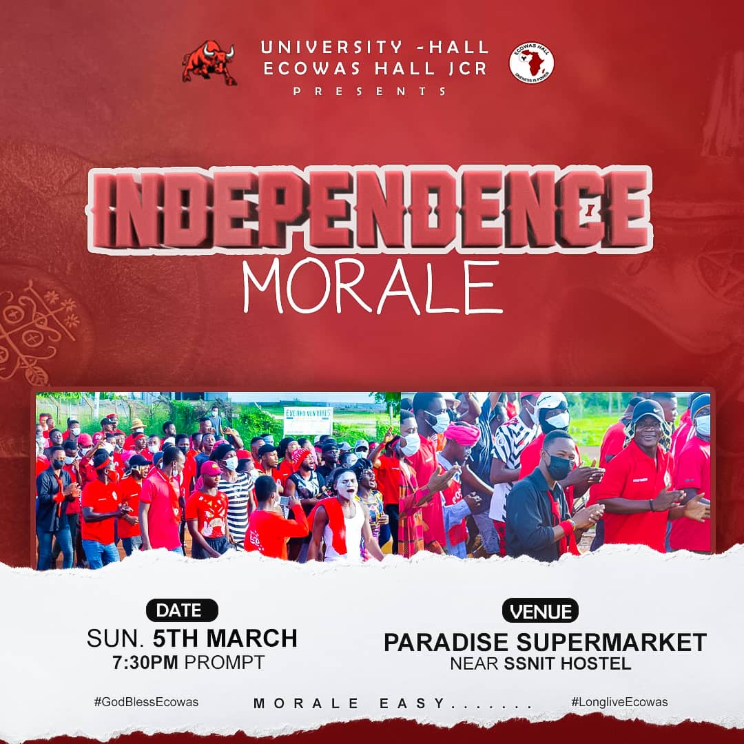 Ecowas_CKTUTAS's tweet photo. Oneness...Power🔥💥
On the anniversary of our country's freedom from slavery, the ECOWAS HALL JCR would like to formally invite you all to an inspiring and fun-filled jama/morale session on the eve of Independence Day. Join us in making this event a huge success.
All are welcome. https://t.co/0ITfOU1aLX