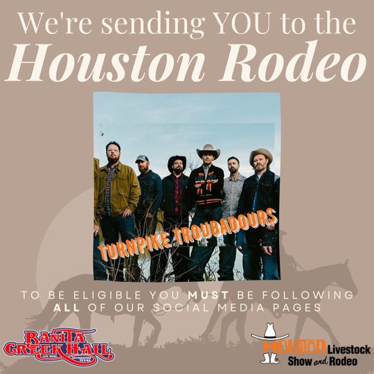 Winners for day 11 have been chosen and notified! Let’s start day 12 for TURNPIKE TROUBADOURS! 

It’s almost rodeo time in Houston 🤠 and Banita Creek Hall wants to send you and a friend to see some awesome concerts‼️‼️‼️

All you’ll have to do is:

👍🏼-Like this post 
🐎-RT this