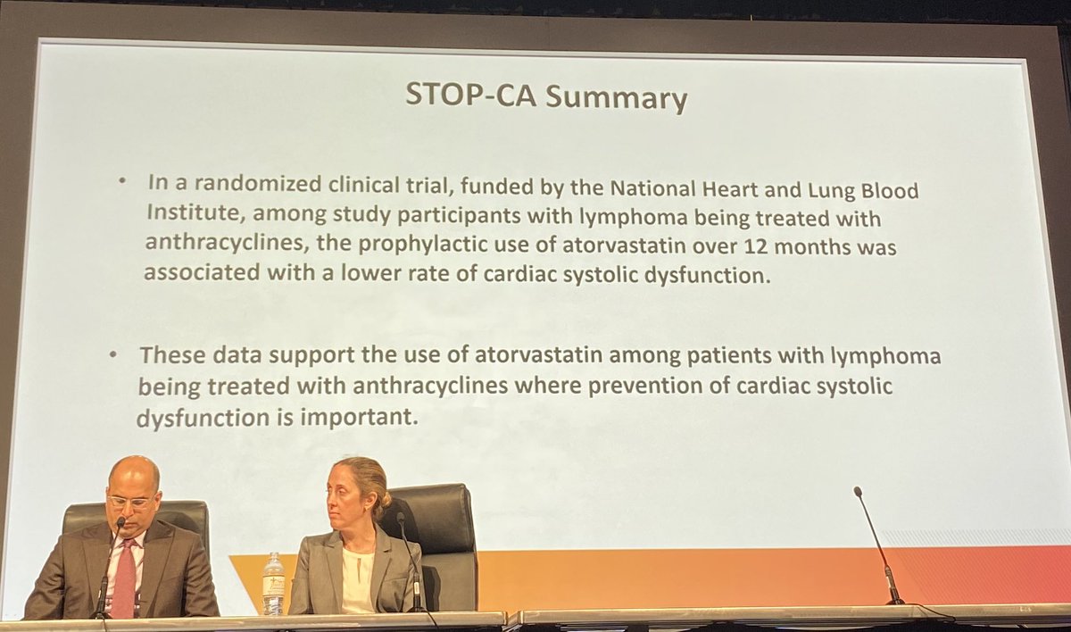 #STOPCA trial #lbct #ACC23 #WCCardio #CVPrev #primaryprevention Do statins ⬇️ cardiotoxic effects of anthracyclines in Lymphoma pts? ♥️atorvastatin 40 mg prior to chemo ♥️High doses of anthra given ♥️3 fold less ⬇️ EF w/ statin Tx vs placebo: safe, effective Not HF🏥 but EF