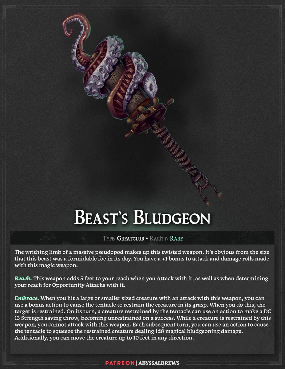 Beast's Bludgeon
Greatclub, rare

This is probably the worst calamari you will ever have.
#DnD