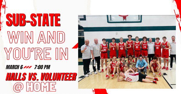 🏀 SUBSTATE game vs Volunteer 🏀

EVERYONE needs to be at Halls High Gymnasium Monday night at 7:00! PACK THE GYM FULL OF RED DEVIL FANS!! This TEAM could make history!!!!!