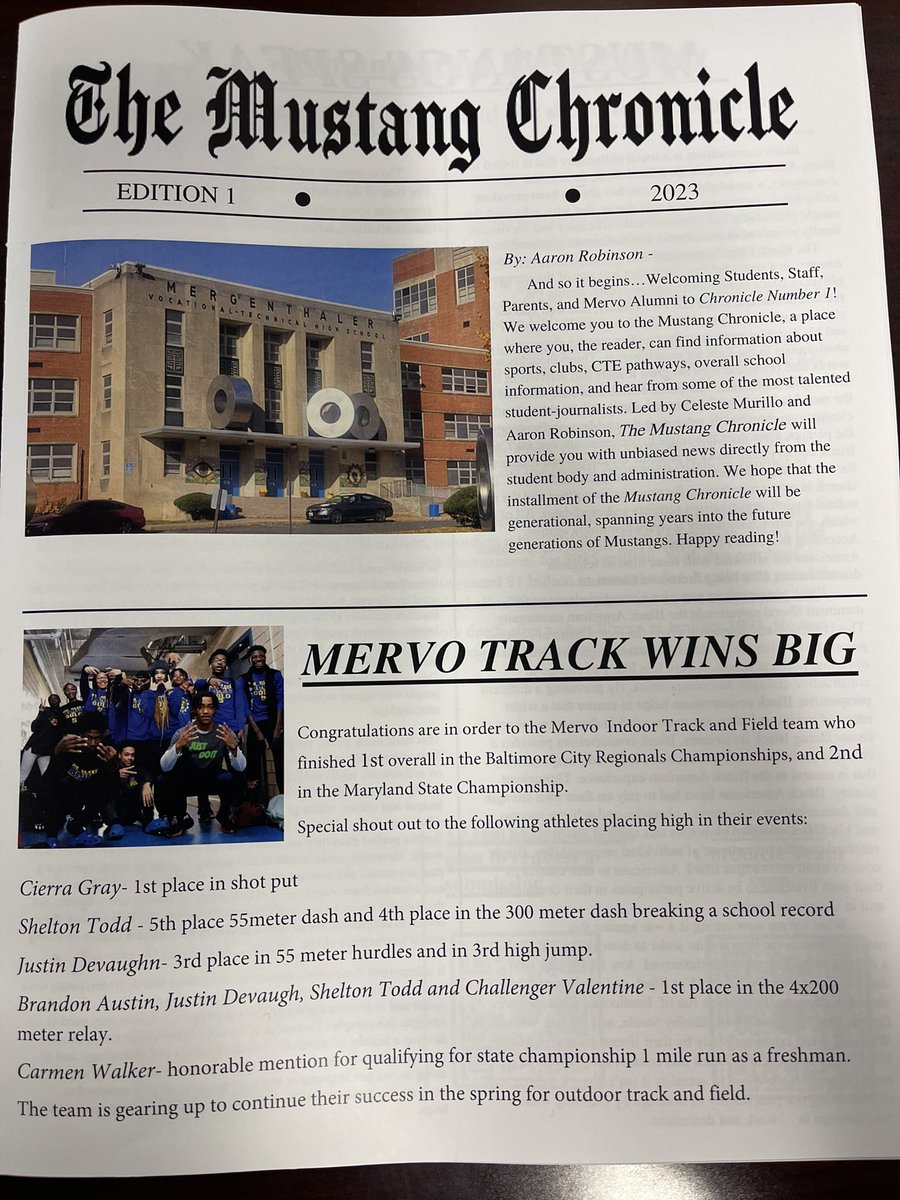 MervoPride's tweet photo. Our student PhotoJournalists are restoring the Mervo tradition. Stop by to pick up “The Mustang Chronicle” Edition 1. Student expression through writing has a profound impact. It is hot off the press, so read all about Mervo. #drivenbypurpose  #mervopride https://t.co/SrHD6uPYOd