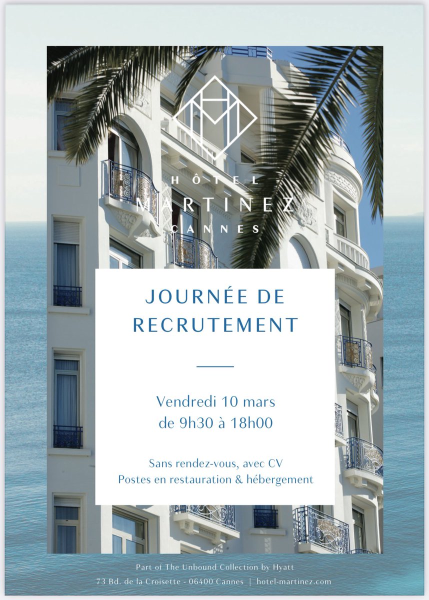 L’Hôtel Martinez loge des stars et recrute des personnalités ! Venez nombreux rencontrer vos futurs collègues 🤝 #Hiring #Recrutement #HotelMartinez #Unboundxhyatt #Hyatt #CannesFrance