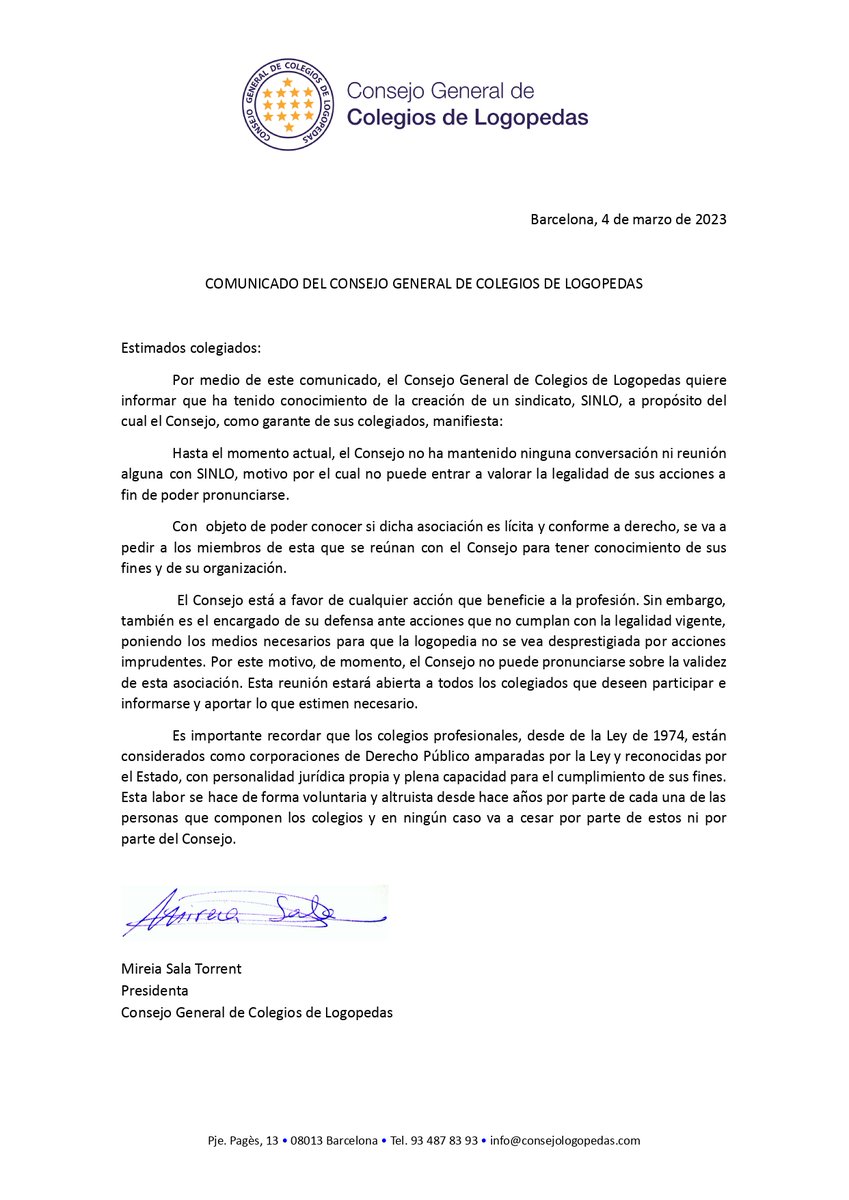 Comunicado del Consejo General de Colegios de Logopedas a propósito de SINLO.