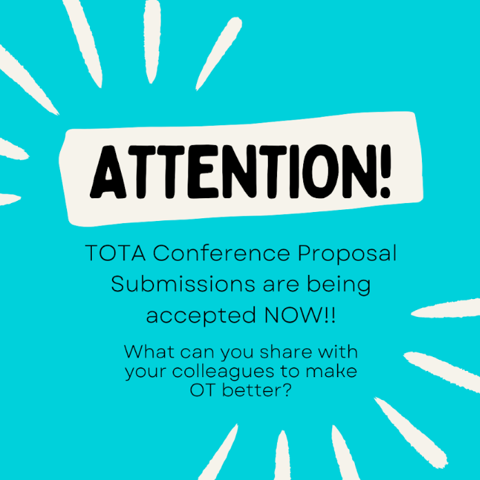 How do you change lives through occupation? The Call for Proposals for the 2023 TOTA Annual Conference is open now- May 14! The conference is Nov. 3-4 in Houston, and the theme is Changing Lives Through Occupation. Info bit.ly/3EWB6f1. 

#occupationaltherapyeducation