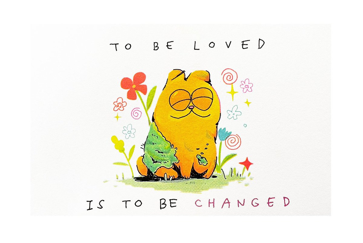 “to be loved is to be changed” five color riso print! link to buying it listed in thread, proceeds will be donated to <a href="/JTOWNACTION/">J-Town Action と Solidarity</a> ! 
original quote is from <a href="/tacticalcoqette/">resident evil advisor</a> ! 🐈