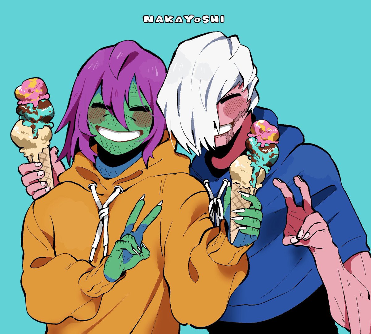 white hair v hood colored skin ice cream smile food  illustration images