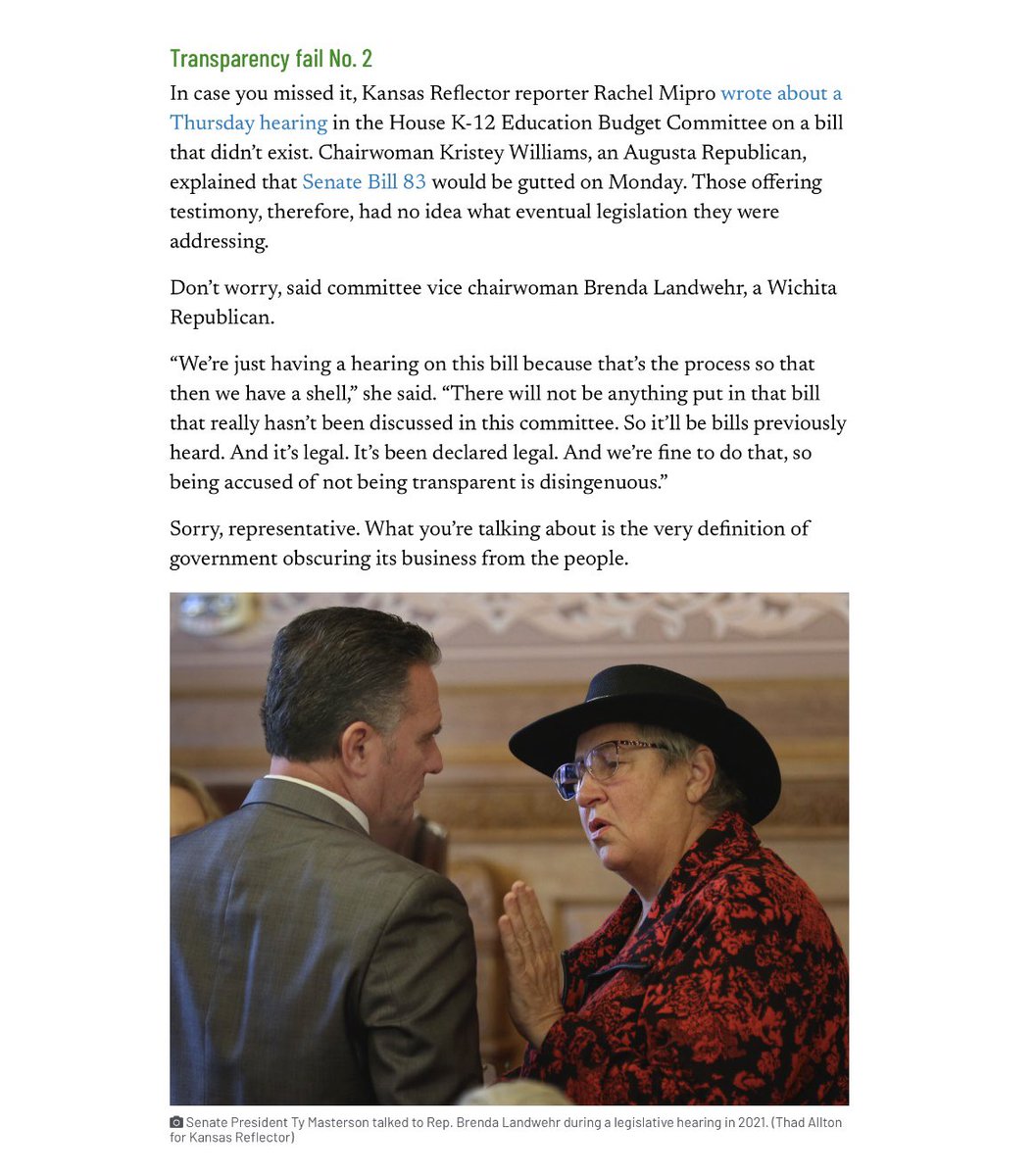 cindy4kansas's tweet image. Another issue with ethics/transparency in the #ksleg: 

On Thursday, K-12 Chair Kristey Williams had a hearing on a bill that didn’t exist.  The Vice-Chair Brenda Landwehr vouched for the process being used saying it was “legal.” #ksed