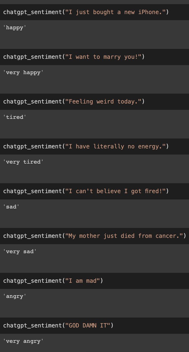 minimaxir's tweet photo. Surprise! I'm releasing ANOTHER ChatGPT API Colab Notebook!

This time, it's zero-shot sentiment analysis, where you can specify which emotions ChatGPT can classify! ChatGPT can differentiate between happy/very happy, and sad/very sad!

https://t.co/RxCWZrNReS https://t.co/RbrPxN9Rqi