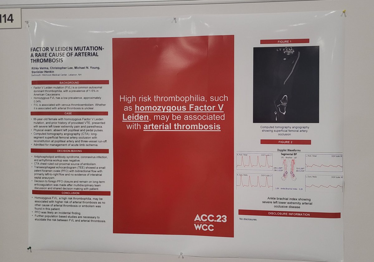 Come check out an interesting case of #ALI in a patient with homozygous #FVL. Excellent work by our all-star #vascularmedicine #fellow <a href="/RitikaVrma/">Ritika Verma</a>. <a href="/DHCVFellowship/">Dartmouth Cardiovascular Fellowship Program</a> <a href="/mnyoung1/">Michael Young</a> <a href="/c_lee72/">Christopher Lee</a> <a href="/DrMarkCreager/">Mark Creager</a> <a href="/CynthiaTaub/">Cynthia Taub</a> <a href="/ACCinTouch/">American College of Cardiology</a> <a href="/SVM_tweets/">Society for Vascular Medicine | SVM</a> #ACC23