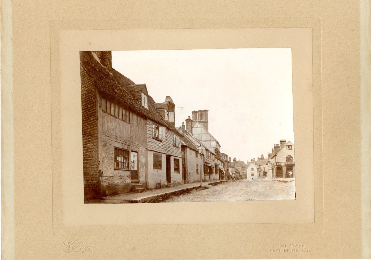 Instantly recognisable and at the same time so very different. High Street in East Grinstead, showing Cromwell House & The Rose. C 1870. Done by Moat Studio, Moat Rd. #EastGrinsteadMuseum #EastGrinstead #SussexHeritage #Culture #History #Painting