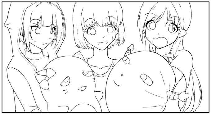 マスコットたちと記念撮影するあかりちゃんと忍ちゃんと千夜ちゃん 