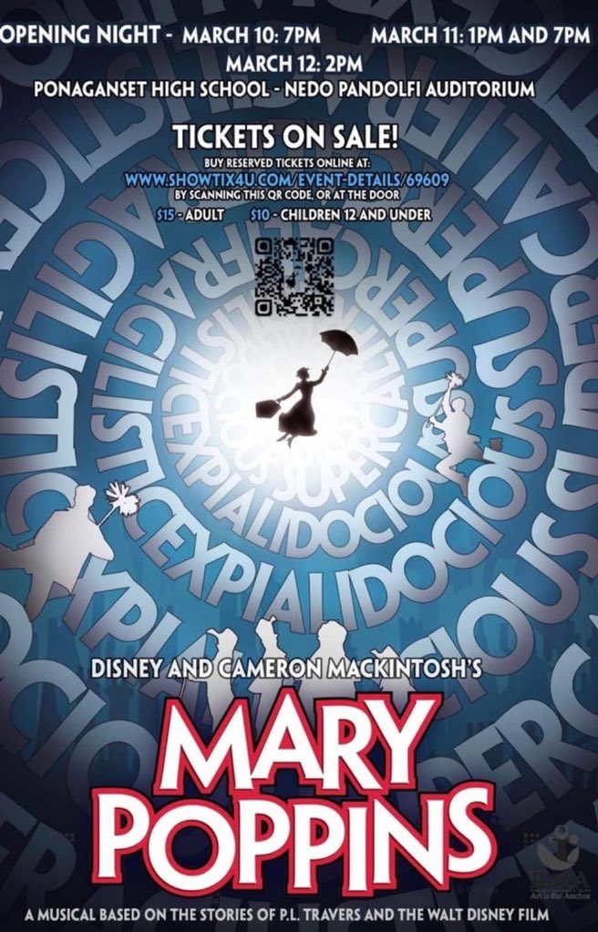 Come see Ponagnaset’s Mary Poppins!  showtix4u.com/event-details/…. The 3/11 1pm show has a special Character Parade on stage, a craft, and a cast meet and greet. Our younger audience members are encouraged to dress up as their favorite character! <a href="/PonagansetHS/">Ponaganset High School</a> <a href="/ReneePalazzo/">Renee Palazzo</a> <a href="/AGrundel/">Amanda Grundel, M.Ed., M.S.</a>