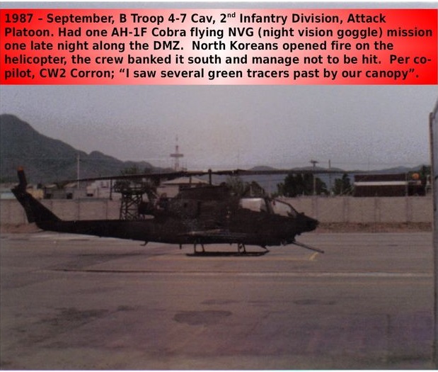 Korean_DMZ_Vets's tweet photo. As we did ground patrols along the DMZ, many probable not knew that 2ID aviators were do air patrols long the DMZ also.  At night they would fly NVG missions commonly!  This is a story of 1 incident that happened!  #dmzwar #dmz #7thCav #2id #korea #rok https://t.co/IEzV9RAYa4