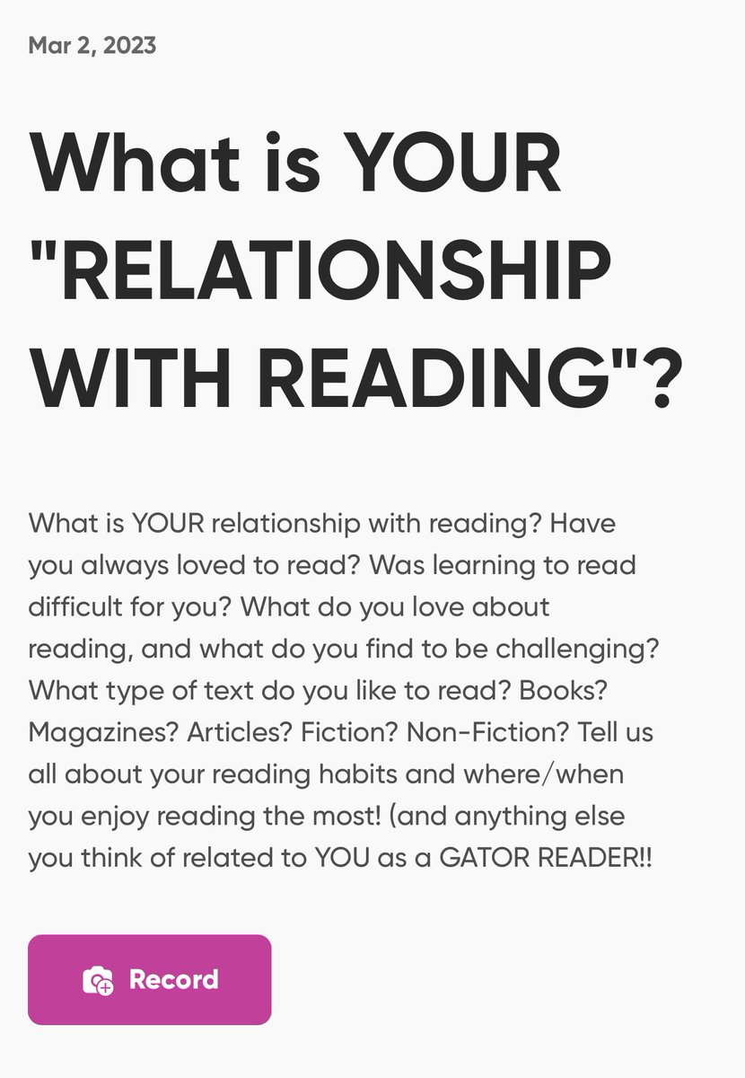 melpatterson803's tweet photo. For #gatorsREAD month, we are wondering about everyone’s “Relationship With Reading” and asking our Gator students and staff to create reflection videos to share on @MicrosoftFlip #readingisthinking #oceangateEDU #gatorvision23📚🐊 https://t.co/2eD2DyRF4s