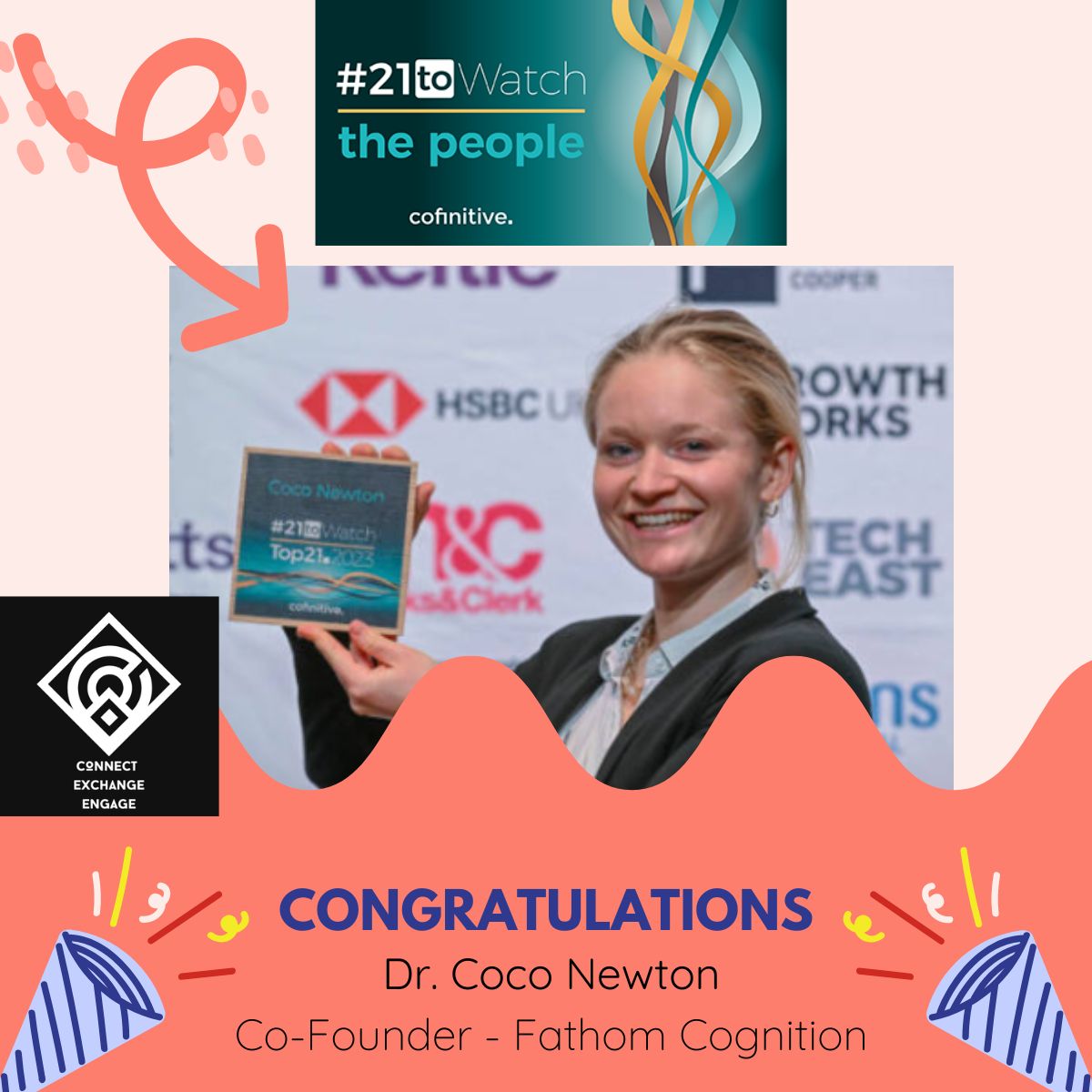 Many congratulations to @newt_cc , fellow Conexer, who made it to the 2023 People to Watch on the #21toWatch list of @confinitive. Coco is a neuroscientist and Co-founder of  Fathom Cognition creatign new cognitive markers that can help detect Alzheimer's disease earlier.