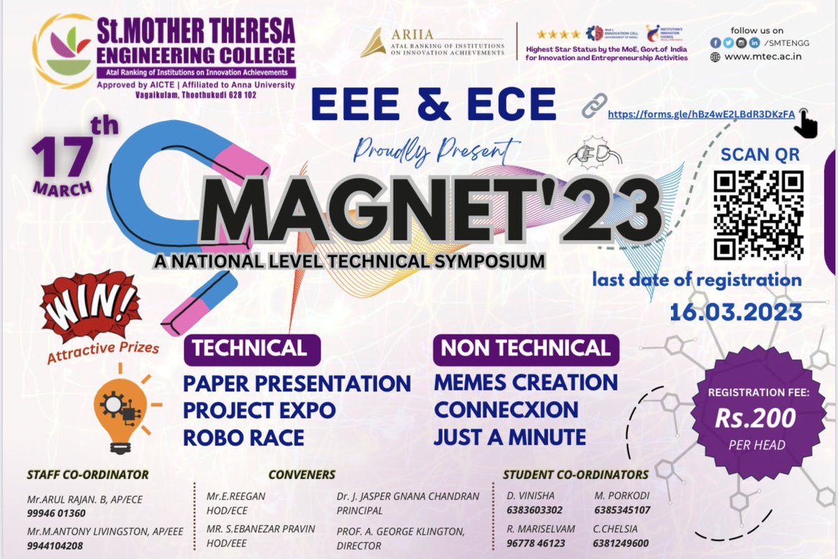 Smtengg's tweet image. National Level Technical Symposium 
MAGNET ‘23 

#Symposium2023 #NationalLevel #electricalandelectronicengineering #electricalandcommunicationengineering 
#growwithsmtec