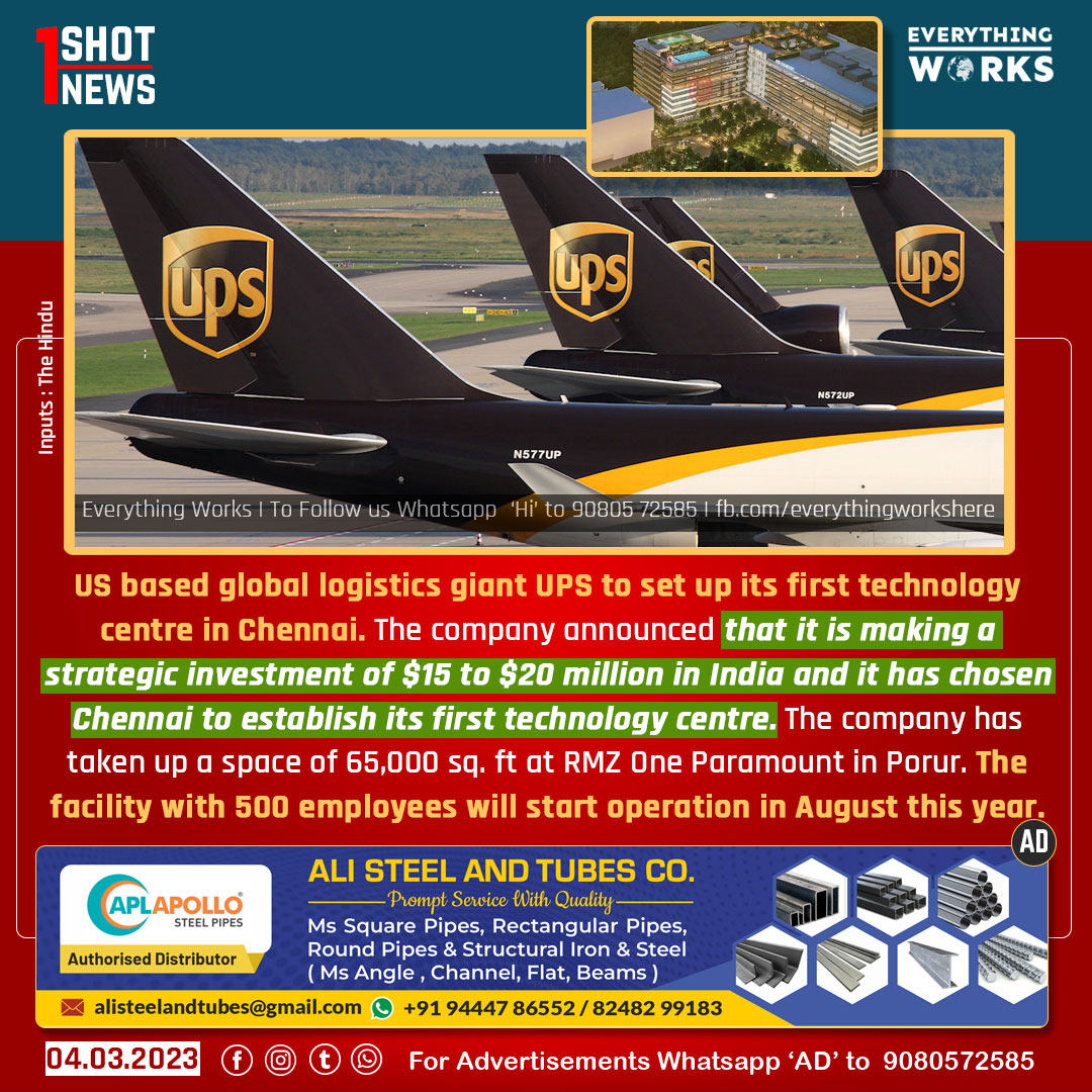 HereWorks's tweet photo. US based global logistics giant UPS announced that it is making an investment of $15 to $20 million in India and it has chosen Chennai to establish its first technology centre.
#1ShotNews #UPS #InvestInTN #TechnologyCentre #Chennai #Tamilnadu #UPSLogistics #TamilnaduNews https://t.co/MRuoEK3rIh