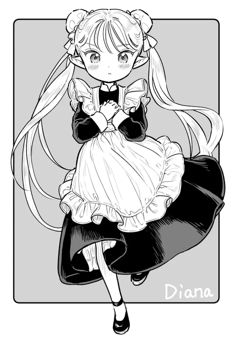 エプロンドレスのスカートが少し翻ってるの最高すぎ〜!と思いながら描きました。